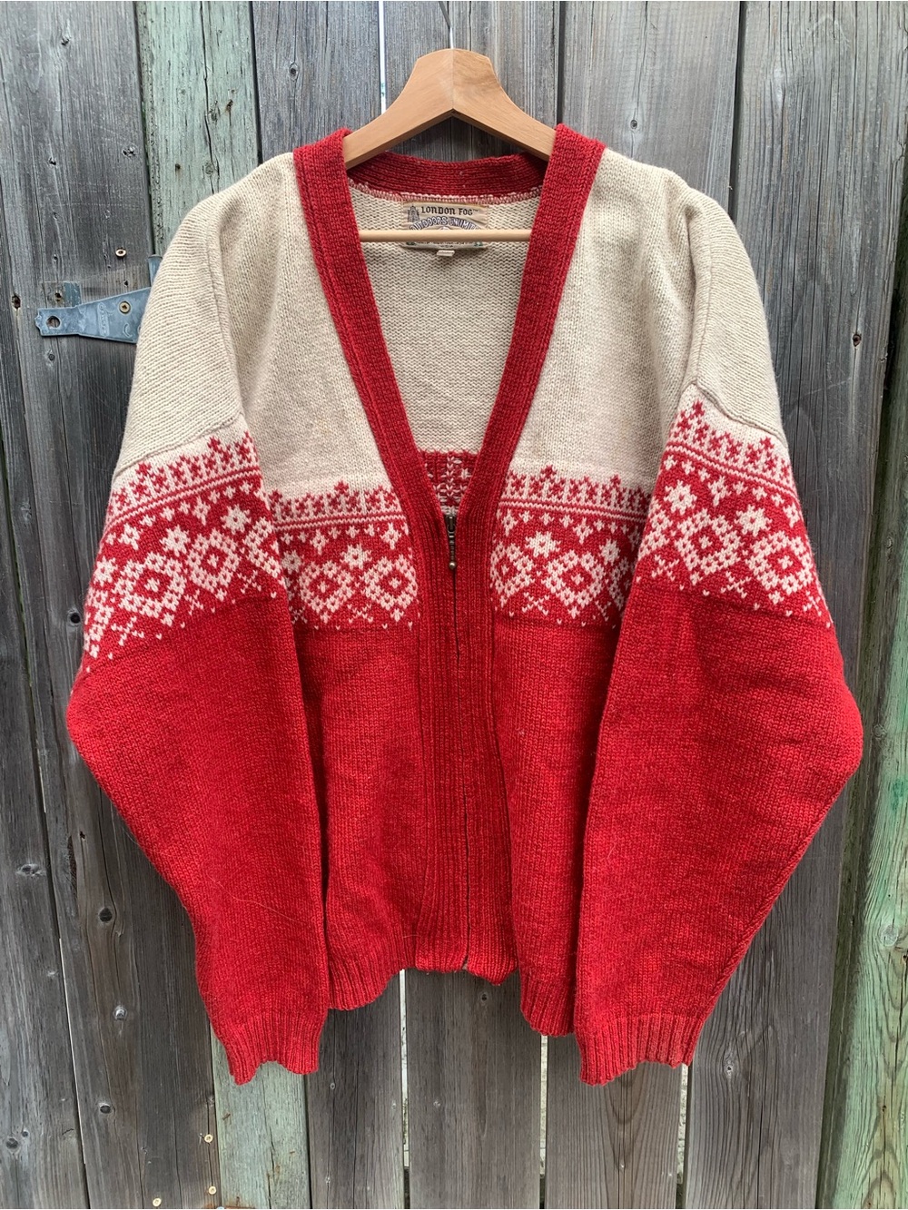LONDON FOG Vintage Fair Isle Half-Zip Sweater Cardigan โ Red & Cream L/G